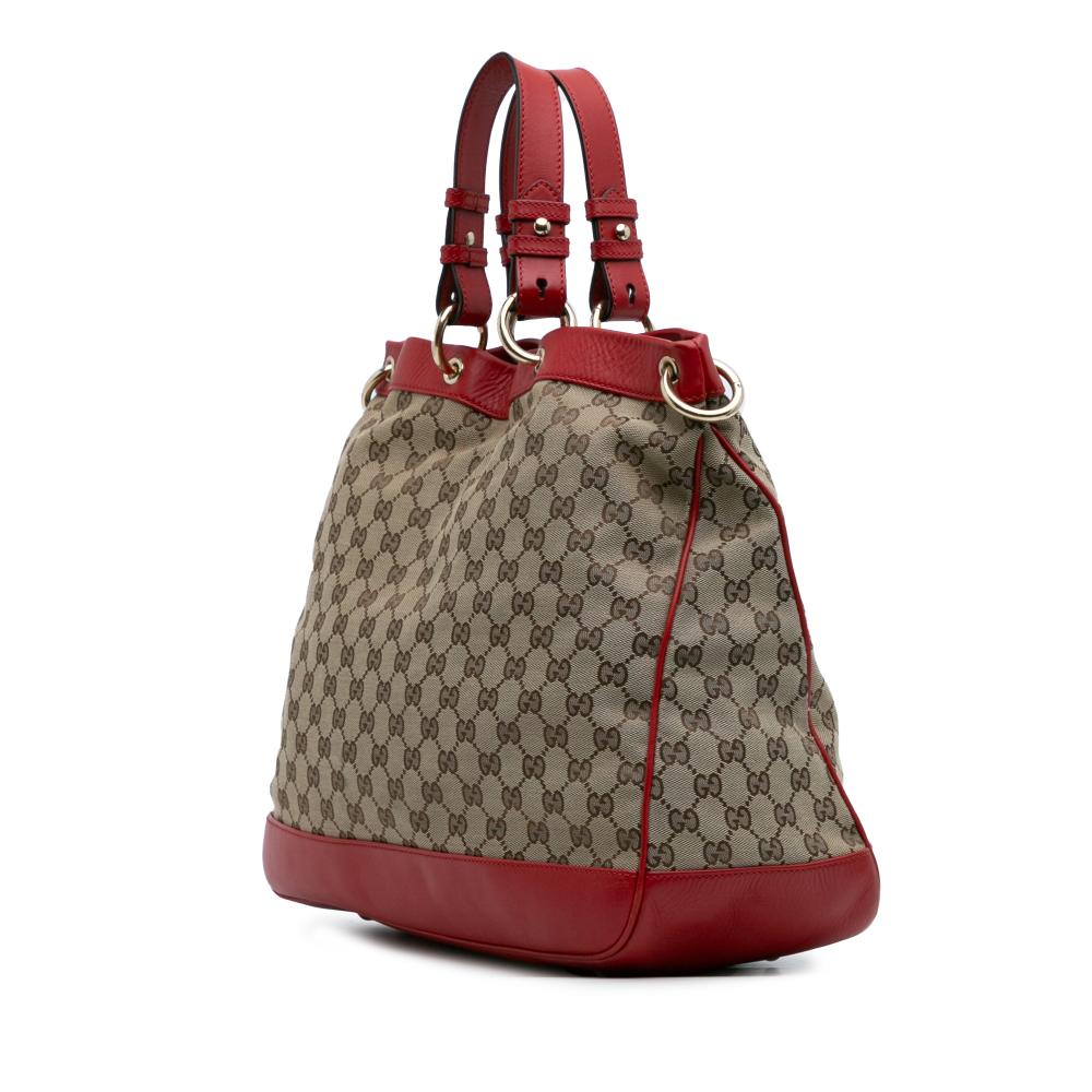 Gucci B Gucci Brown Beige with Red Canvas Fabric Medium GG Valentine Top Handle Bag Italy