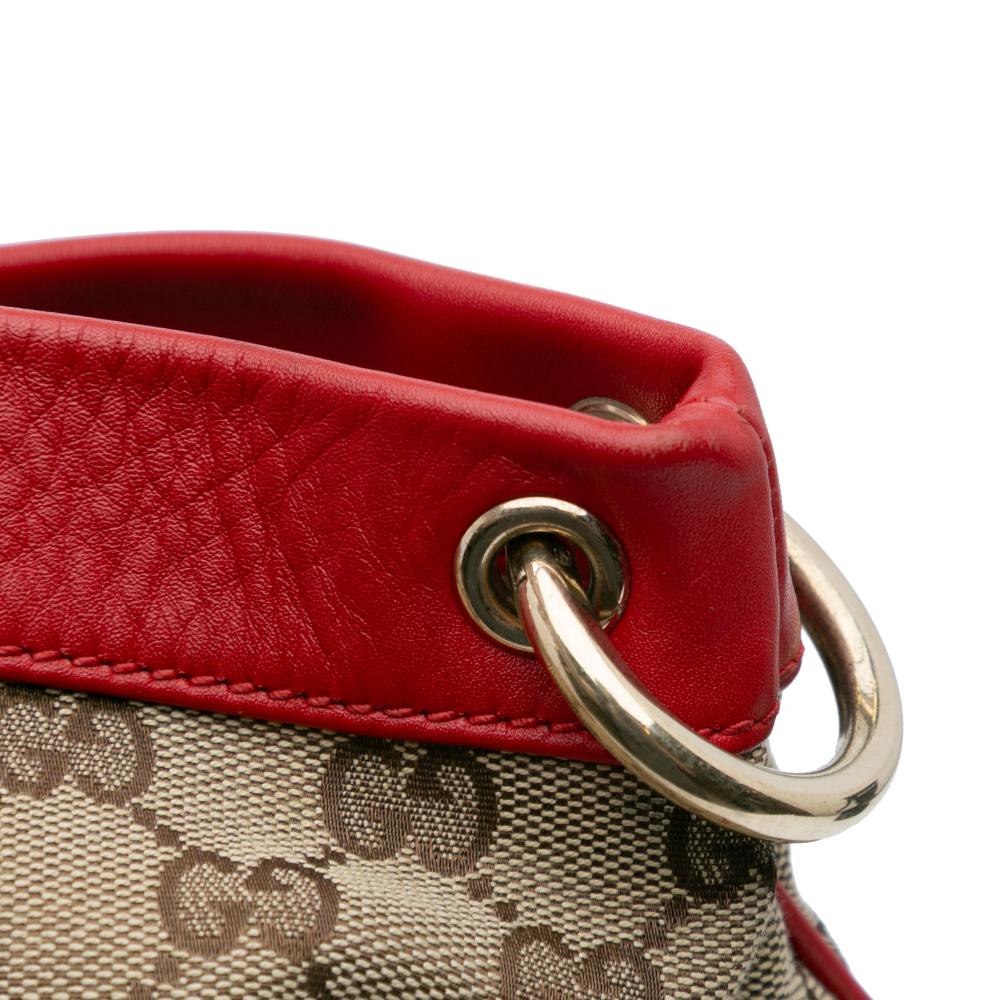 Gucci B Gucci Brown Beige with Red Canvas Fabric Medium GG Valentine Top Handle Bag Italy