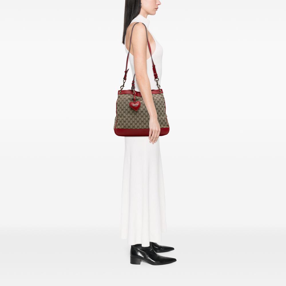 Gucci B Gucci Brown Beige with Red Canvas Fabric Medium GG Valentine Top Handle Bag Italy