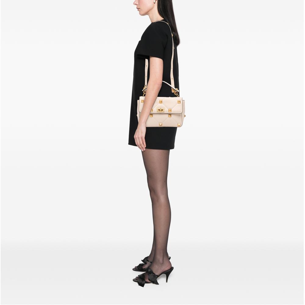 Valentino B Valentino White Ivory Calf Leather Large Grained skin Roman Stud Satchel Italy