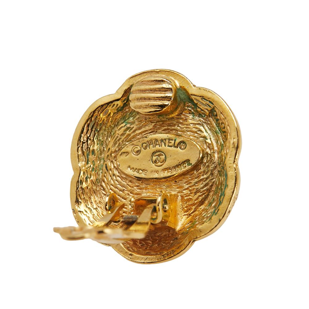 Chanel B Chanel Gold Gold Plated Metal Faux Pearl Flower Clip On Earrings France