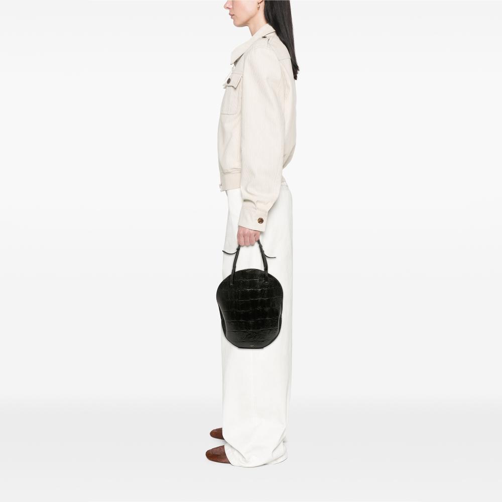 Celine B Celine Black Calf Leather Croc Embossed Curved Shoulder Bag Italy