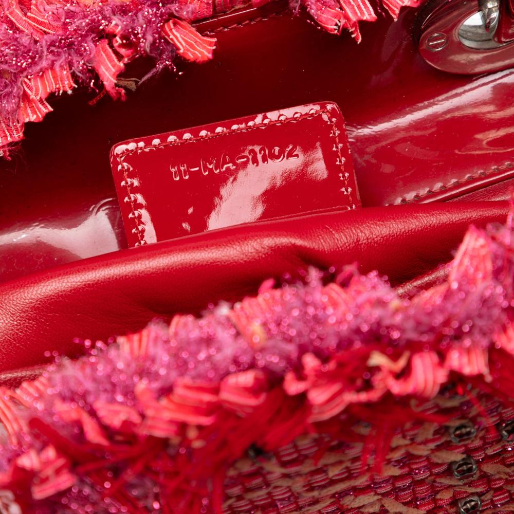 Christian Dior B Dior Red Tweed Fabric Medium Fringe Rhinestone Lady Dior Italy