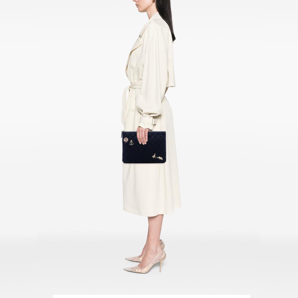 Chanel AB Chanel Blue Navy Wool Fabric Paris Hamburg Medium Quilted Coco Sailor Charms O Case Clutch Italy