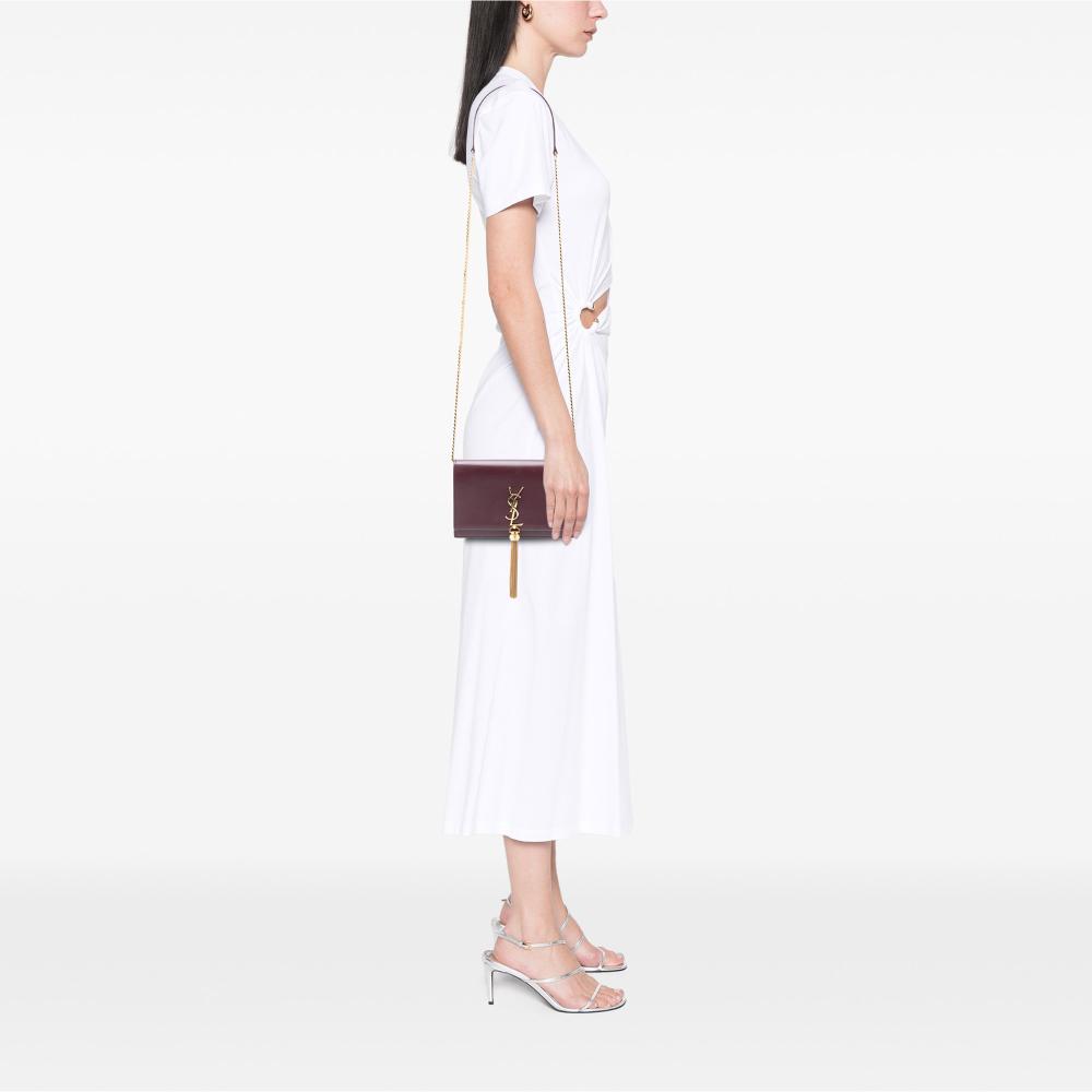 Saint Laurent B Saint Laurent Red Burgundy Calf Leather Smooth skin Monogram Kate Tassel Wallet on Chain Italy