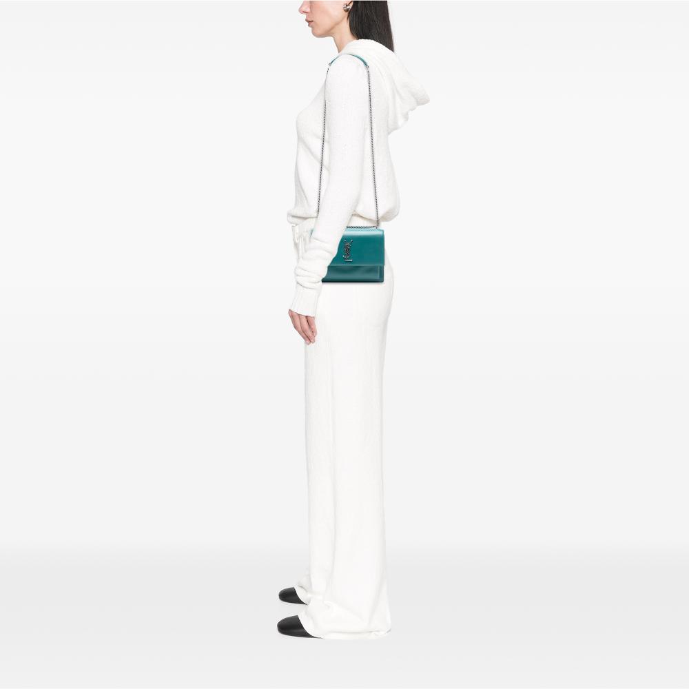 Saint Laurent AB Saint Laurent Blue Peacock Calf Leather Medium Monogram Sunset Crossbody Italy