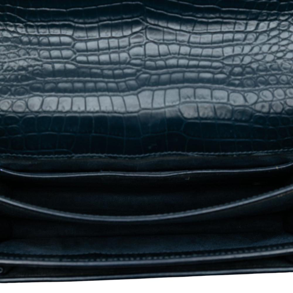 Saint Laurent AB Saint Laurent Blue Navy Calf Leather Medium Croc Embossed skin Sunset Flap Crossbody Italy