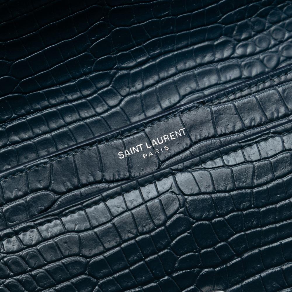 Saint Laurent AB Saint Laurent Blue Navy Calf Leather Medium Croc Embossed skin Sunset Flap Crossbody Italy