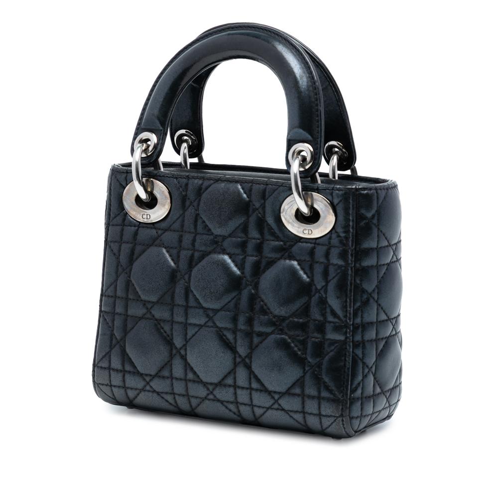 Christian Dior B Dior Black Lambskin Leather Leather Mini Iridescent Lambskin Cannage Lady Dior Italy