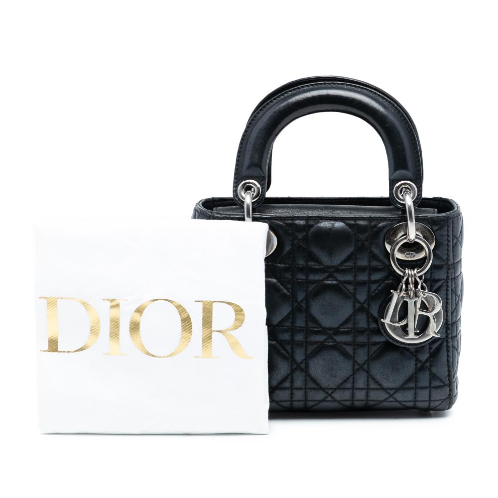 Christian Dior B Dior Black Lambskin Leather Leather Mini Iridescent Lambskin Cannage Lady Dior Italy