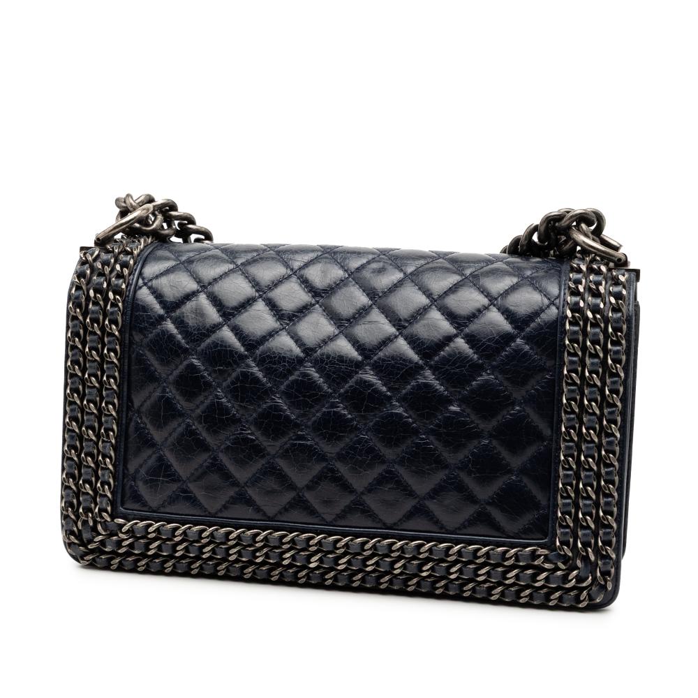 Chanel B Chanel Blue Navy Calf Leather Old Medium Quilted Glazed skin Chain Around Boy Flap Italy