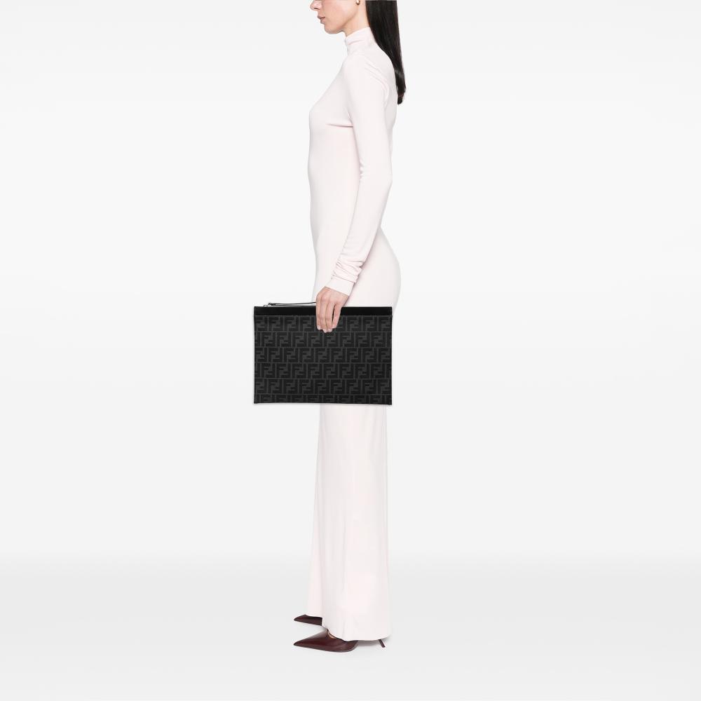 Fendi AB Fendi Black Canvas Fabric Large Zucca Flat Pouch Italy