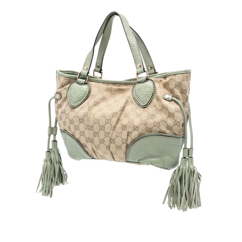 Gucci B Gucci Brown Beige with Green Mint Canvas Fabric Small GG Tribeca Tote Italy