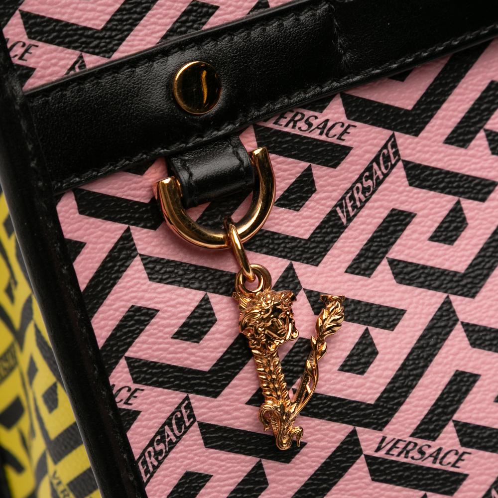 Versace AB Versace Pink with Multi Coated Canvas Fabric Multicolor La Greca Tote Italy