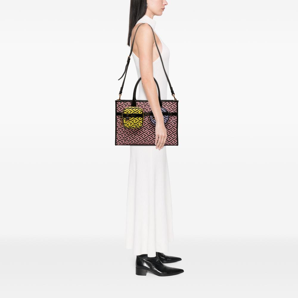 Versace AB Versace Pink with Multi Coated Canvas Fabric Multicolor La Greca Tote Italy