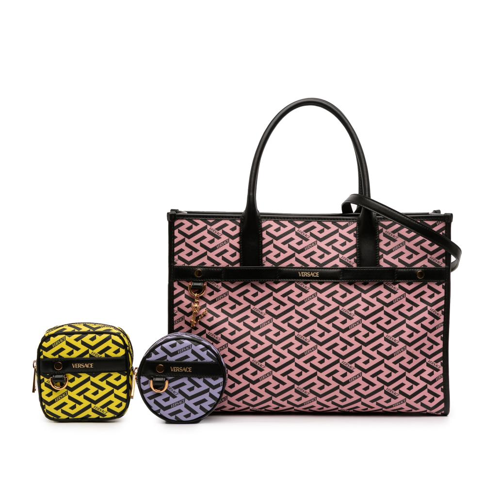 Versace AB Versace Pink with Multi Coated Canvas Fabric Multicolor La Greca Tote Italy