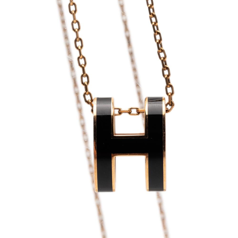 Hermès B Hermès Gold with Black Gold Plated Metal Enamel Pop H Pendant Necklace France