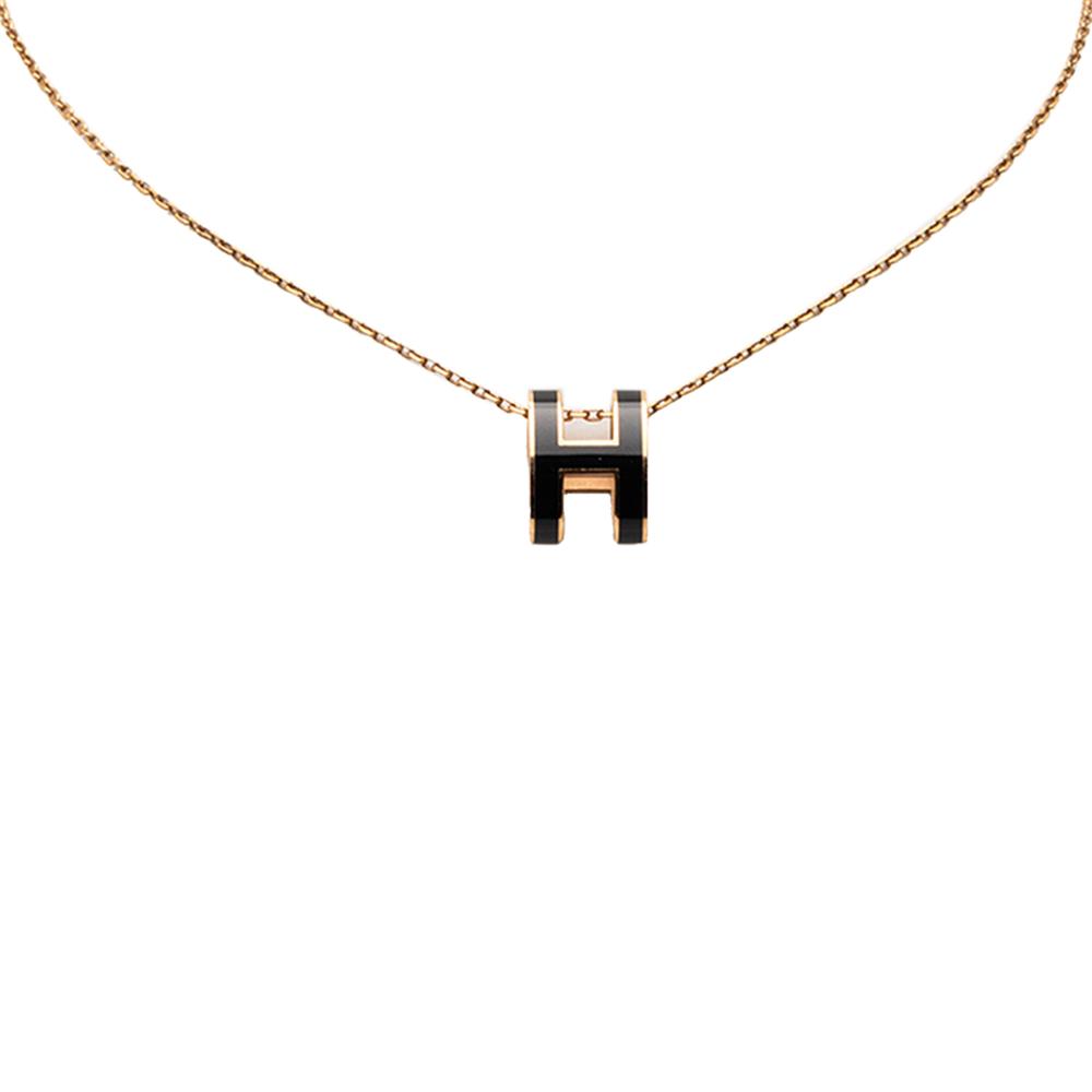 Hermès B Hermès Gold with Black Gold Plated Metal Enamel Pop H Pendant Necklace France