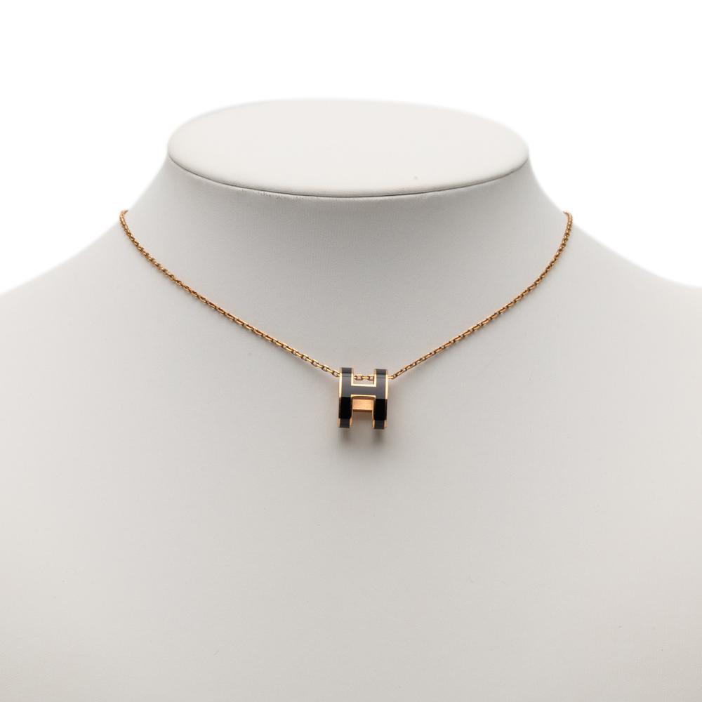 Hermès B Hermès Gold with Black Gold Plated Metal Enamel Pop H Pendant Necklace France