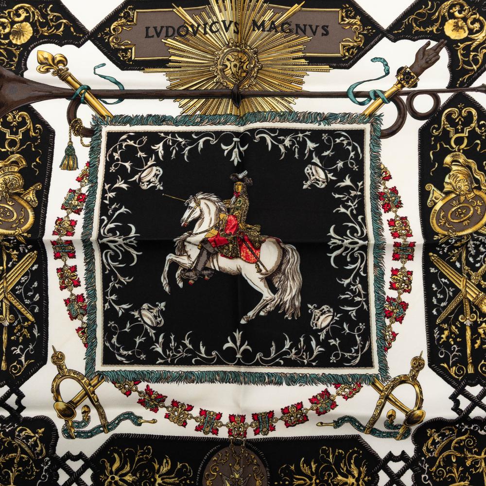Hermès A Hermès White with Black Silk Fabric Ludovicus Magnus Handkerchief France