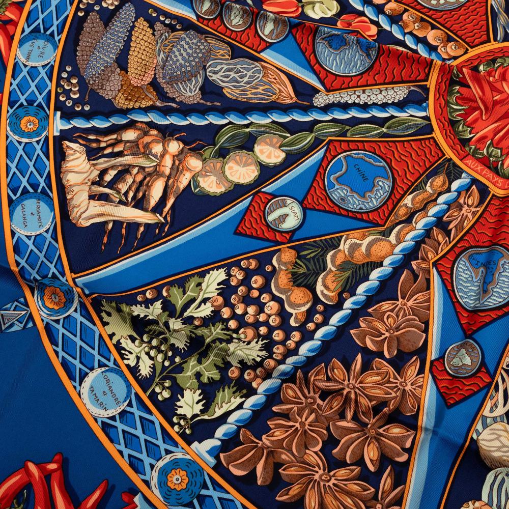 Hermès A Hermès Blue Dark Blue with Multi Silk Fabric Aux Pays Des Epices Scarf France