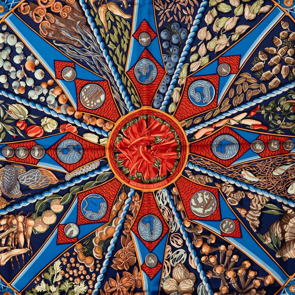 Hermès A Hermès Blue Dark Blue with Multi Silk Fabric Aux Pays Des Epices Scarf France