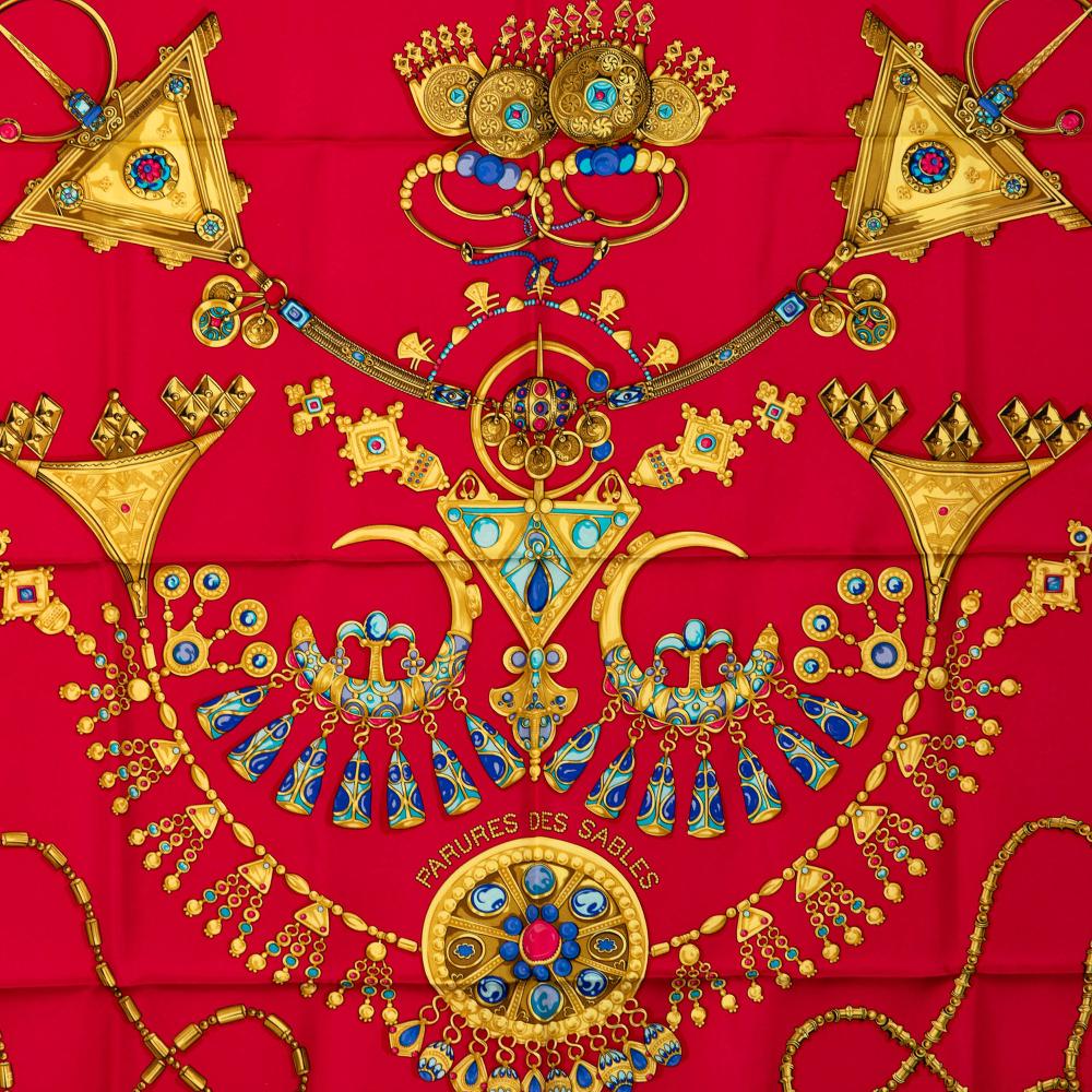 Hermès AB Hermès Red with Blue Silk Fabric Parures des Sables Twilly Scarf France