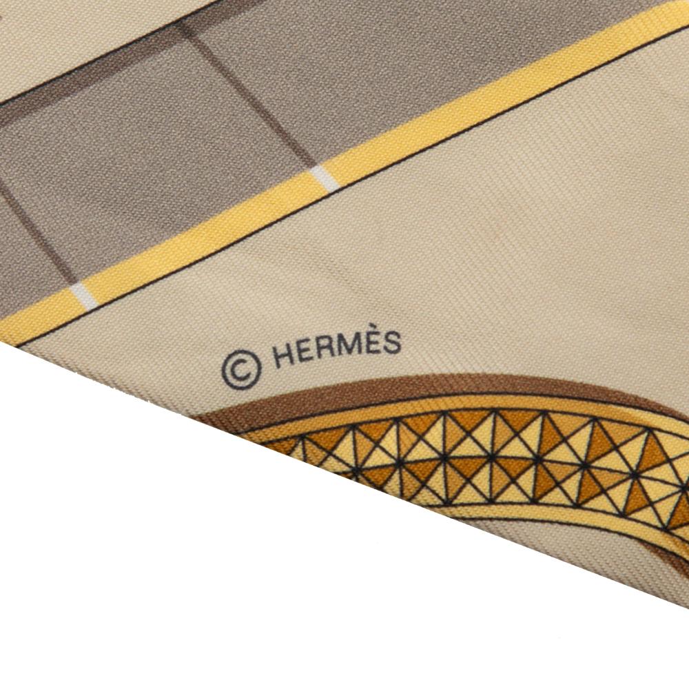Hermès B Hermès Brown Light Beige with Multi Silk Fabric Grand Apparat Twilly Scarf France