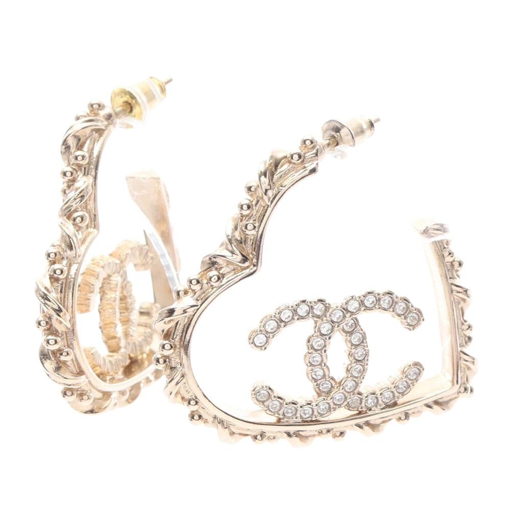 Chanel AB Chanel Gold Gold Plated Metal CC Rhinestones Heart Hoop Earrings France