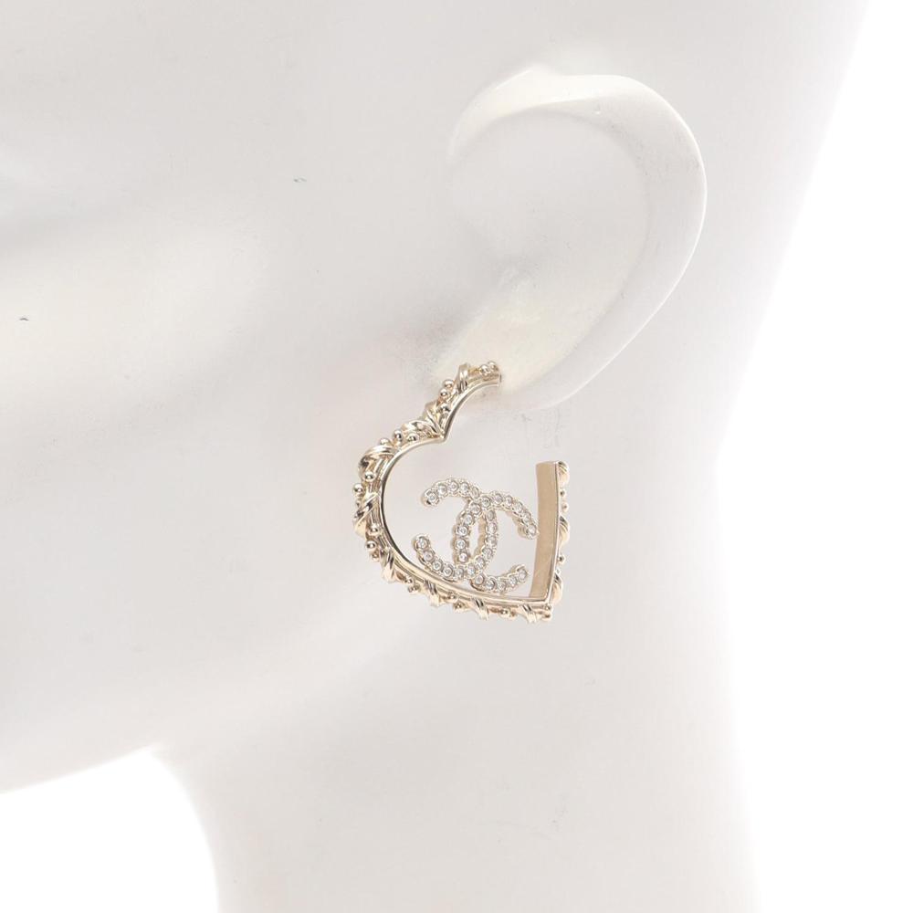 Chanel AB Chanel Gold Gold Plated Metal CC Rhinestones Heart Hoop Earrings France