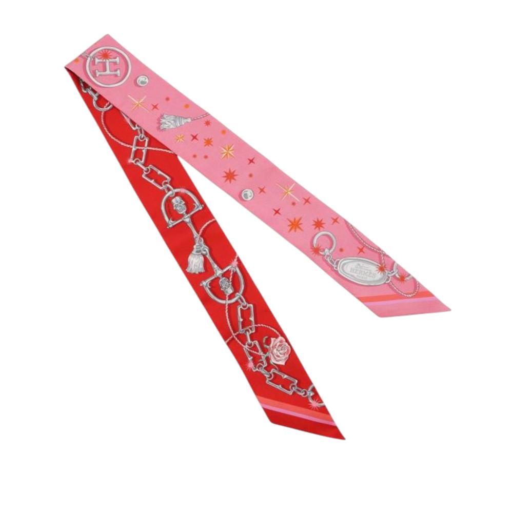 Hermès A Hermès Red with Pink Silk Fabric C'est La Fete Twilly Scarf France