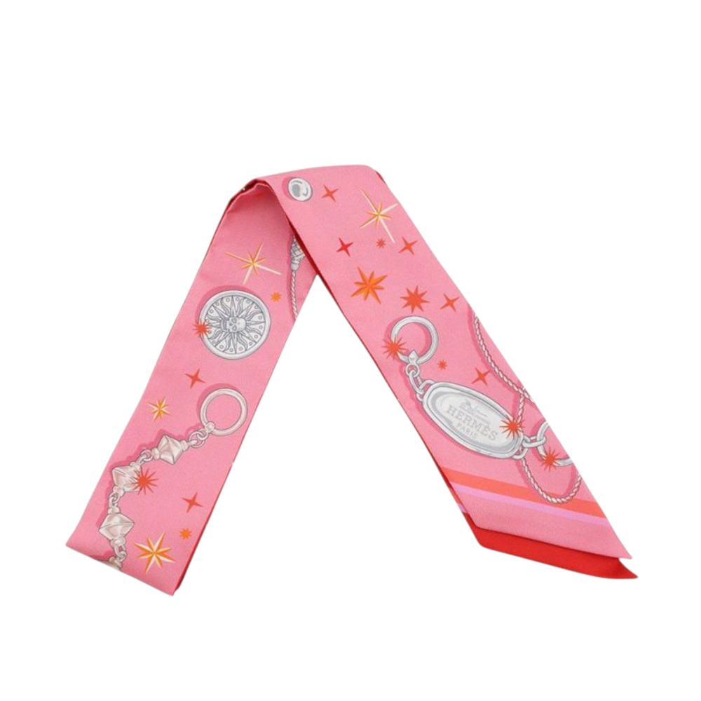 Hermès A Hermès Red with Pink Silk Fabric C'est La Fete Twilly Scarf France