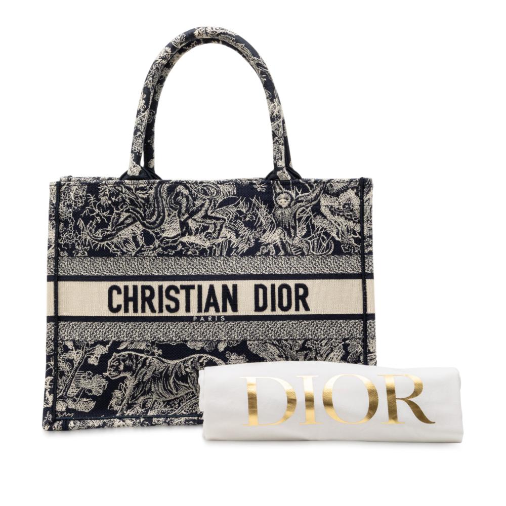 Christian Dior B Dior Blue Navy Canvas Fabric Medium Embroidered Reverse Dioriviera Toile De Jouy Book Tote Italy