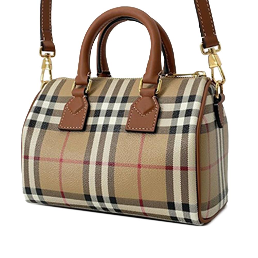 Burberry AB Burberry Brown Light Brown Coated Canvas Fabric Mini House Check Bowling Bag Italy