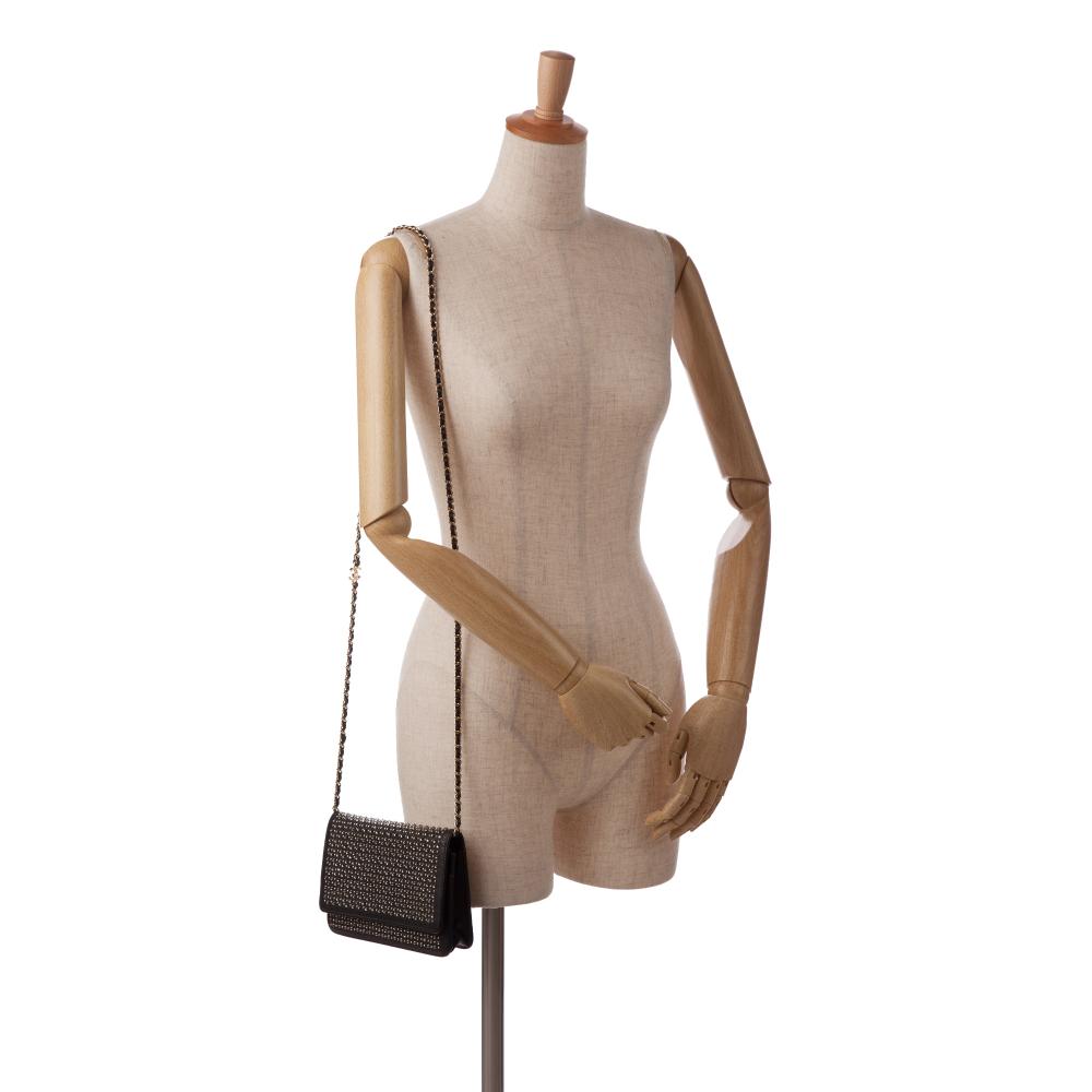 Chanel B Chanel Black Calf Leather Studded Wallet on Chain Italy