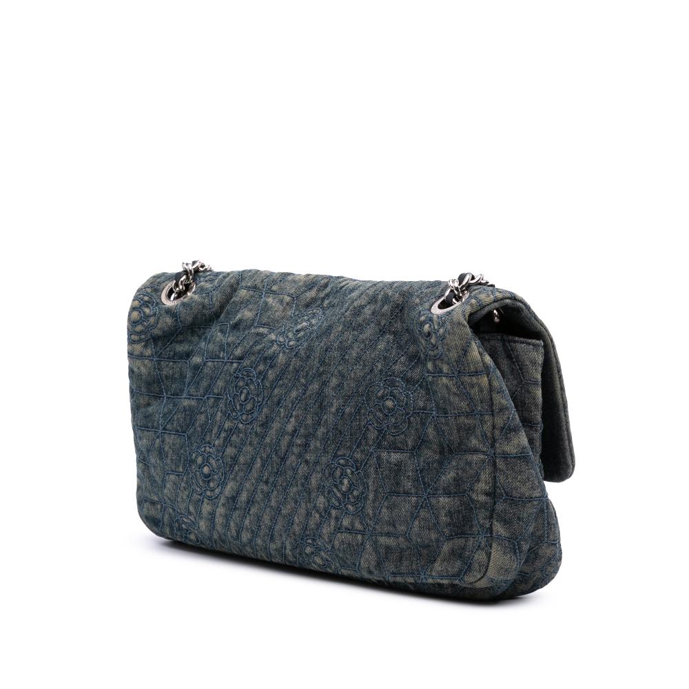 Chanel B Chanel Blue Denim Denim Fabric Large Embroidered Camellia Flap Italy