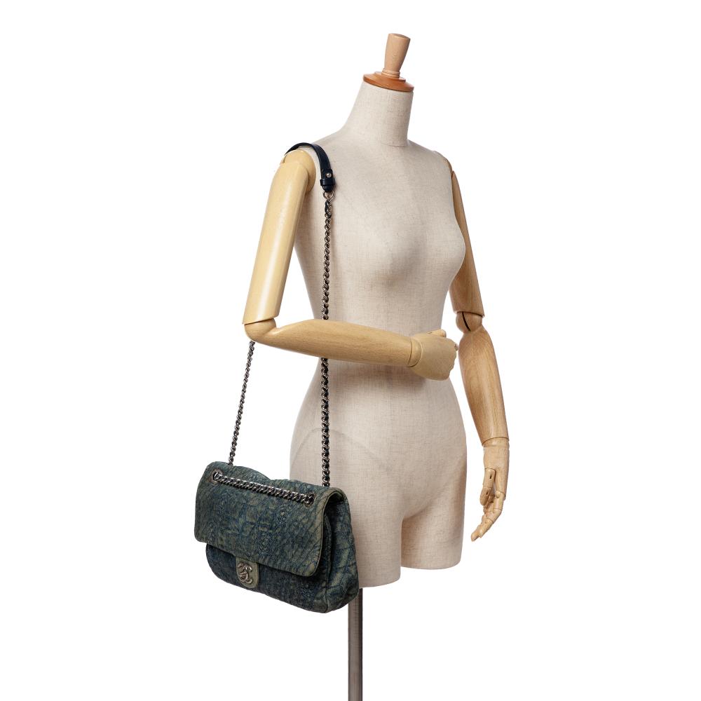 Chanel B Chanel Blue Denim Denim Fabric Large Embroidered Camellia Flap Italy