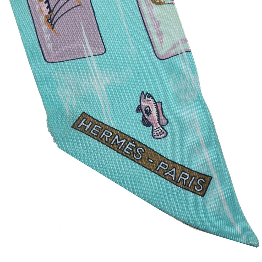 Hermès B Hermès Blue Light Blue Silk Fabric Caleche Mors Et Bouteilles Twilly Scarf France