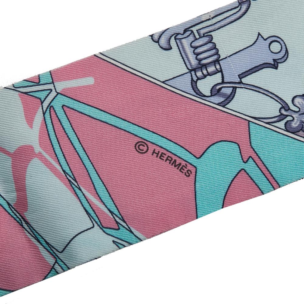 Hermès B Hermès Blue Light Blue Silk Fabric Caleche Mors Et Bouteilles Twilly Scarf France