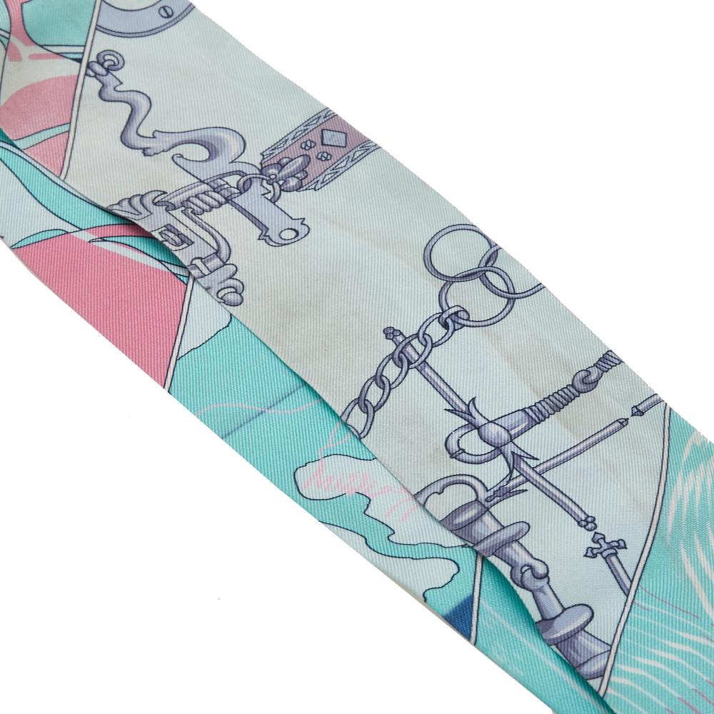 Hermès B Hermès Blue Light Blue Silk Fabric Caleche Mors Et Bouteilles Twilly Scarf France