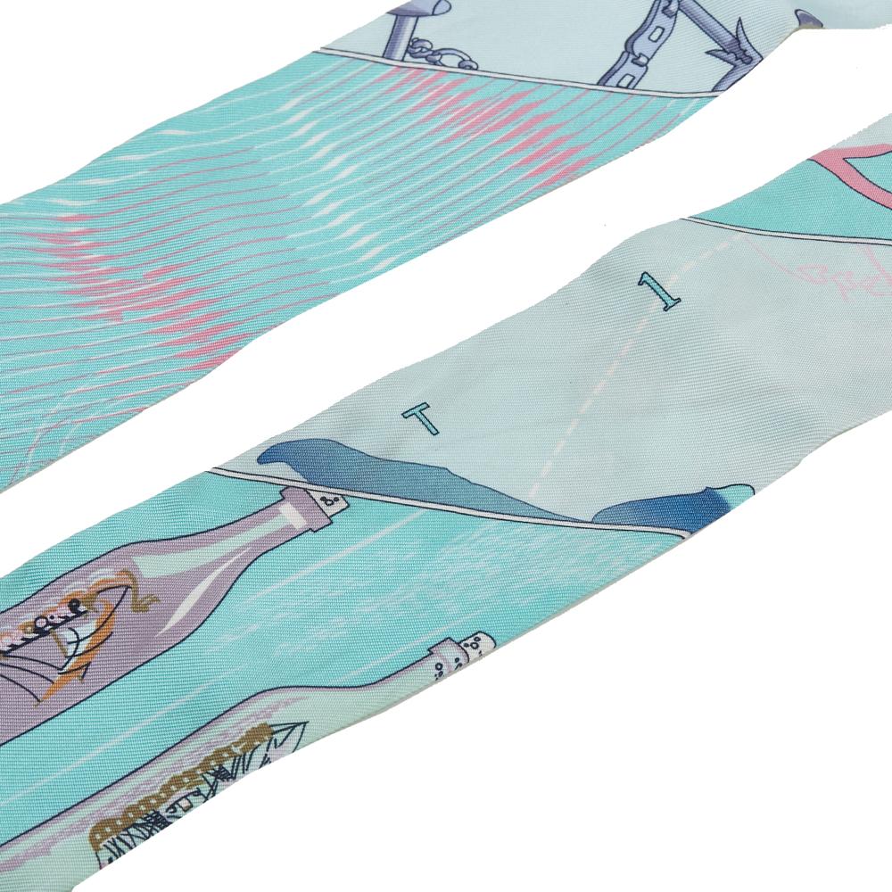 Hermès B Hermès Blue Light Blue Silk Fabric Caleche Mors Et Bouteilles Twilly Scarf France