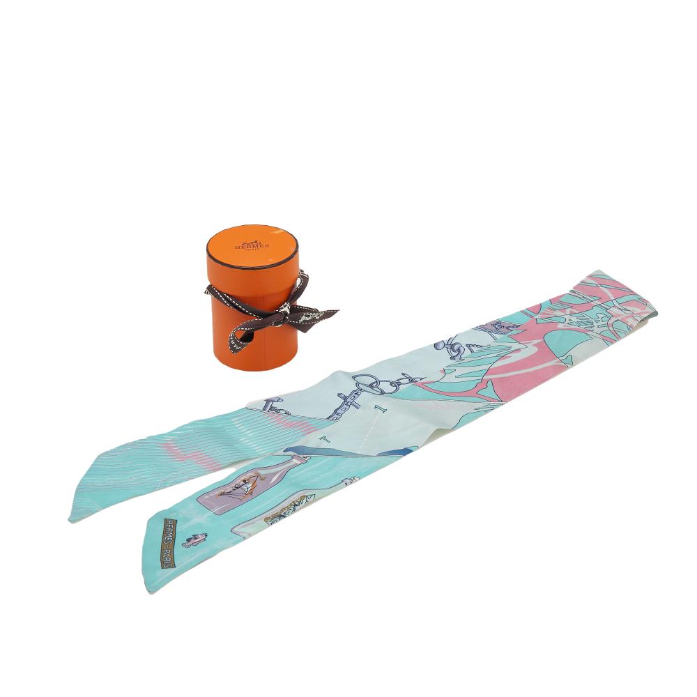 Hermès B Hermès Blue Light Blue Silk Fabric Caleche Mors Et Bouteilles Twilly Scarf France