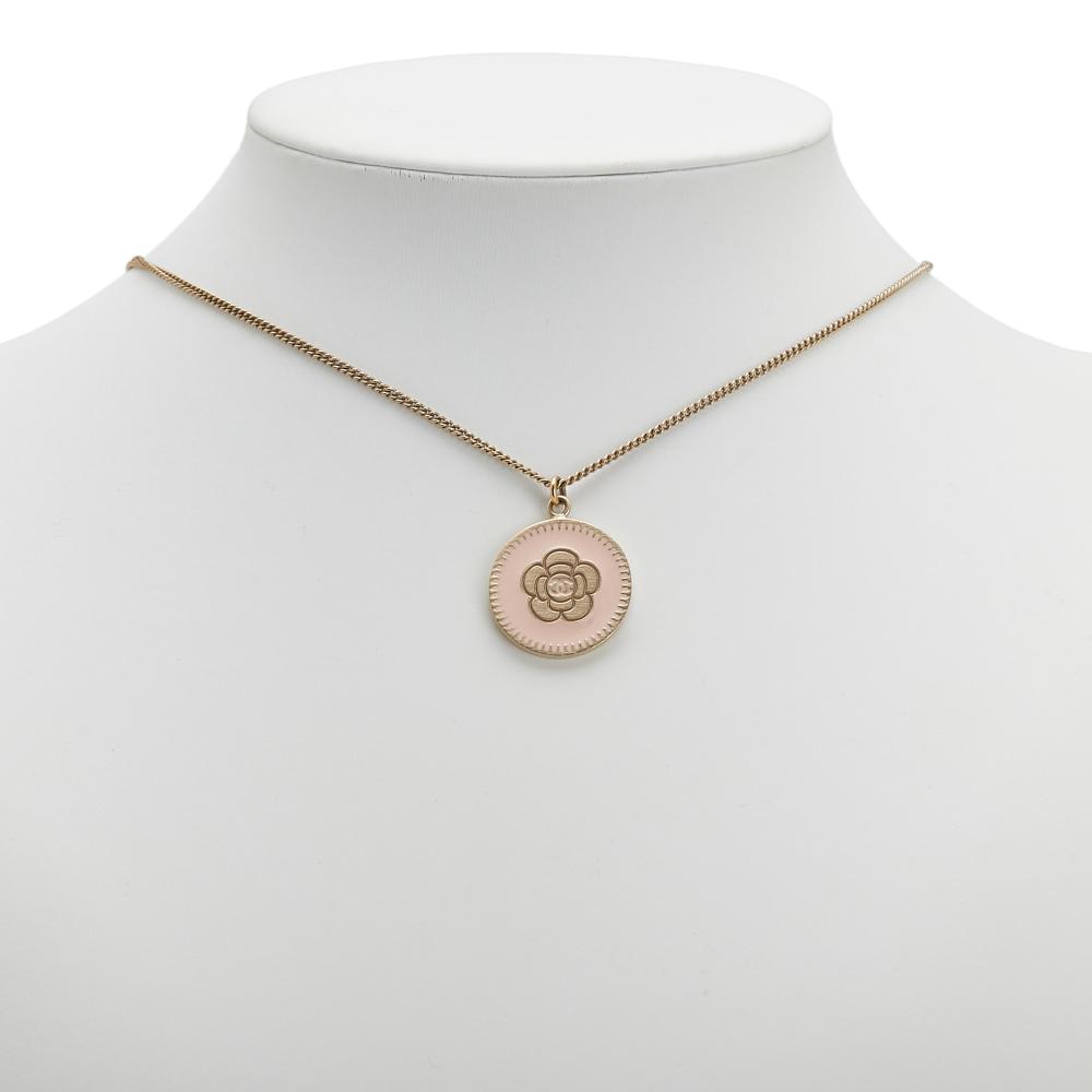 Chanel B Chanel Gold with Pink Gold Plated Metal Enamel Camelia Pendant Necklace Italy