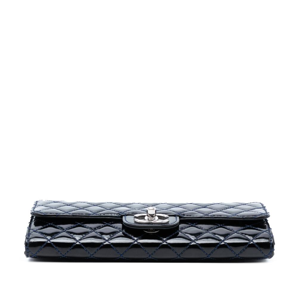Chanel B Chanel Blue Navy Patent Leather Leather CC Quilted Patent East West Wallet On Chain Italy