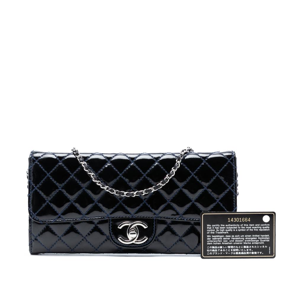 Chanel B Chanel Blue Navy Patent Leather Leather CC Quilted Patent East West Wallet On Chain Italy
