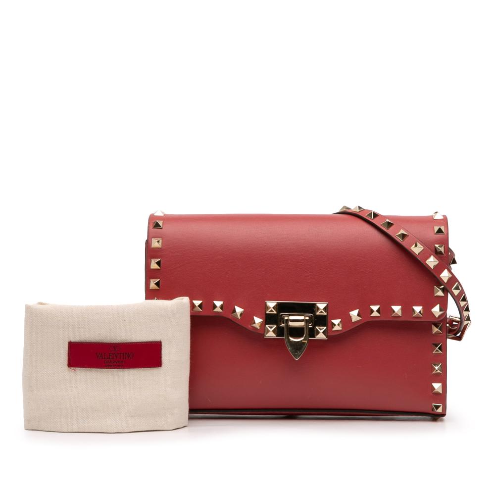 Valentino B Valentino Red Calf Leather Small Rockstud Flap Crossbody Italy