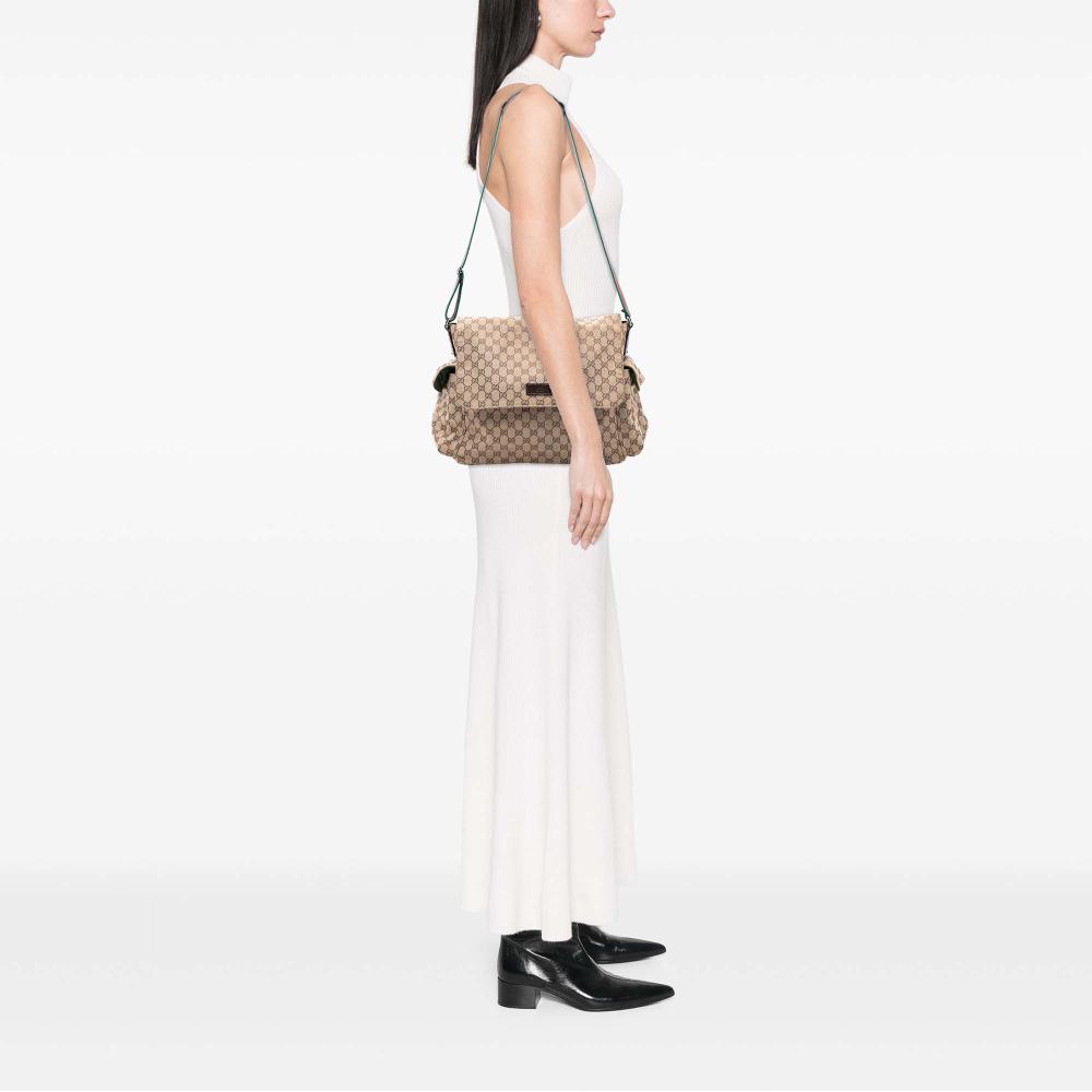 Gucci AB Gucci Brown Beige Canvas Fabric GG Web Flap Diaper Bag Italy