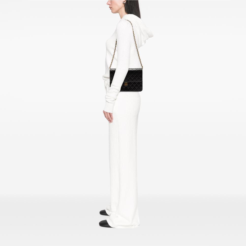 Chanel B Chanel Black Lambskin Leather Leather Medium CC Quilted Lambskin Single Flap France