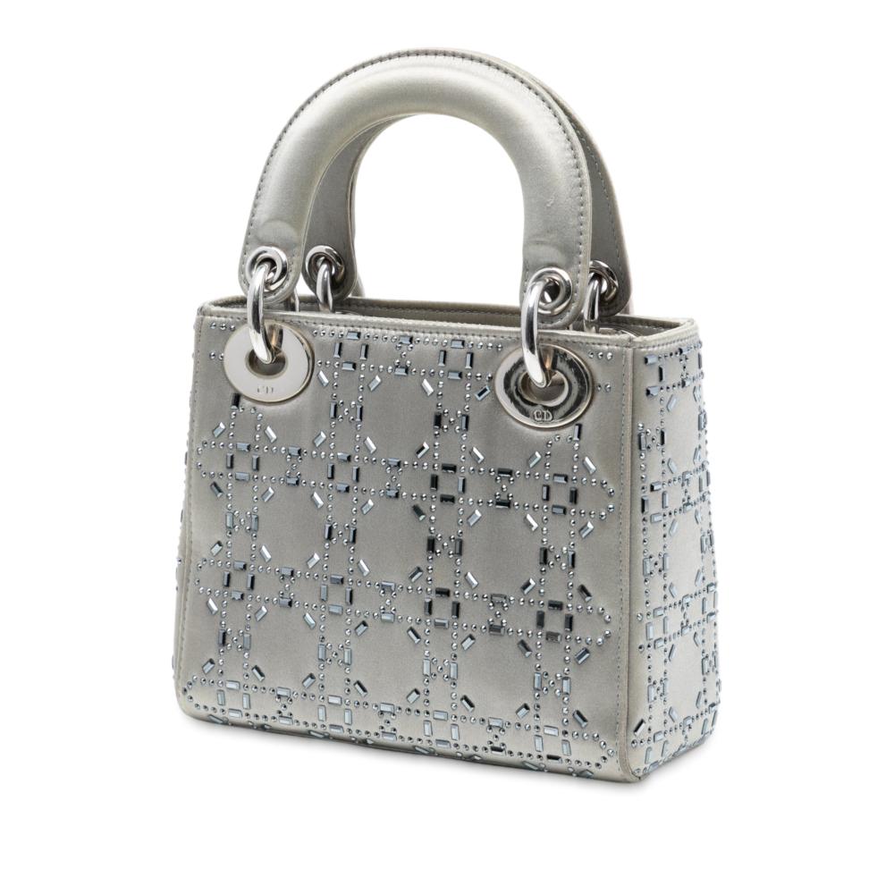 Christian Dior B Dior Gray Satin Fabric Mini Cannage Strass Crystal Embellished Lady Dior Italy