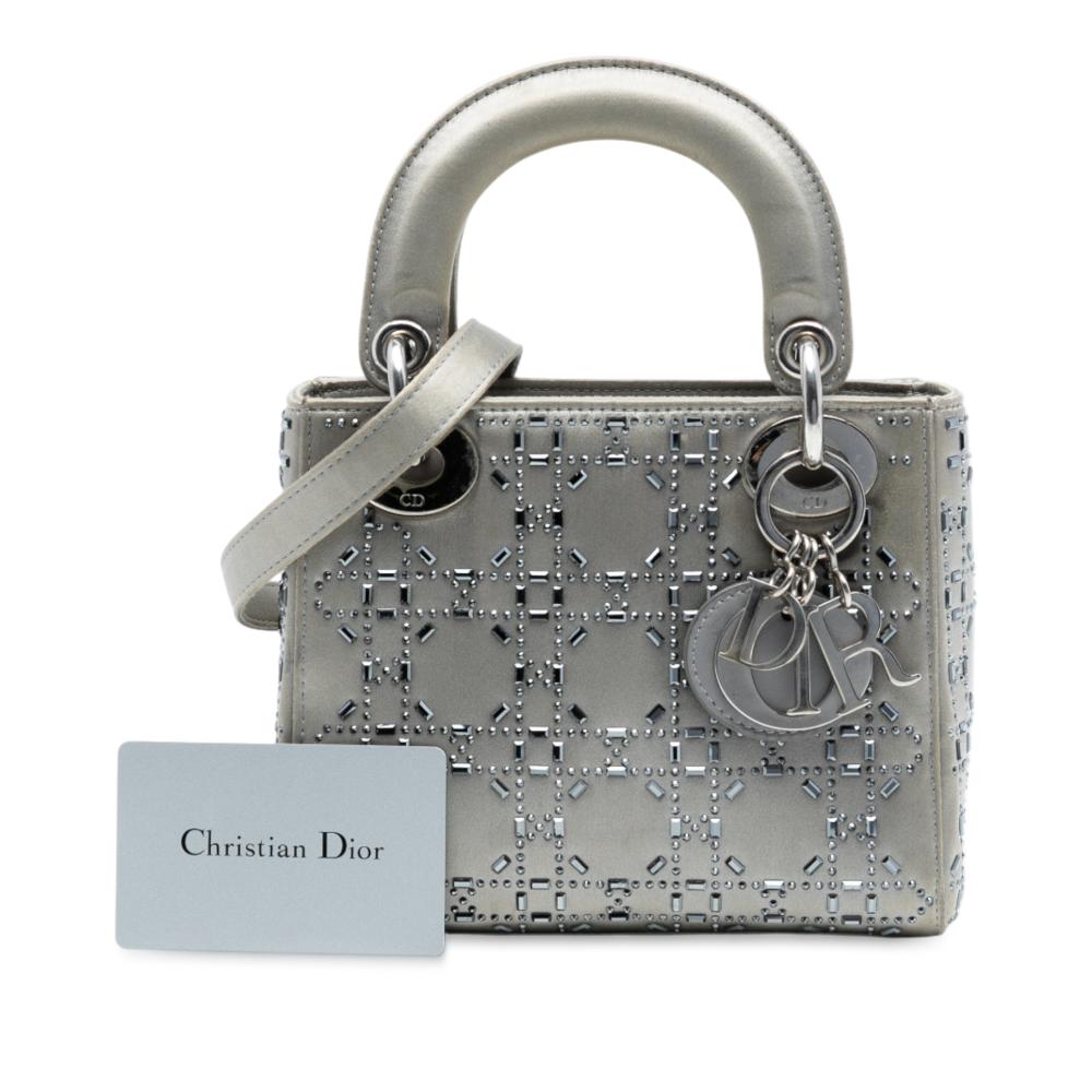 Christian Dior B Dior Gray Satin Fabric Mini Cannage Strass Crystal Embellished Lady Dior Italy